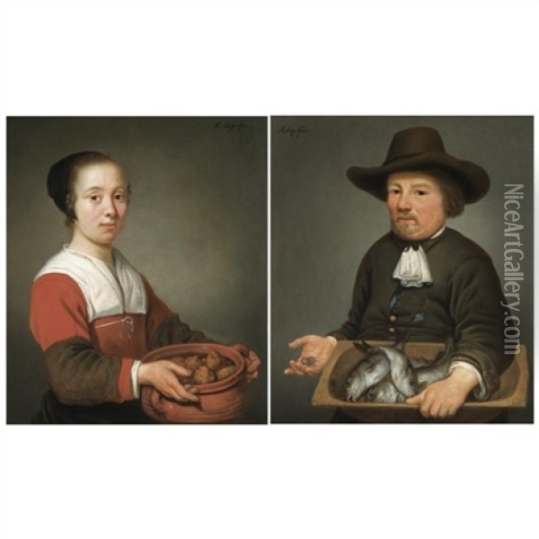 A Young Maid Holding A Terracotta Bowl Full Of Dumplings (+ A Fishmonger Holding A Basin Full Of River Fish And Holding A Handful Of Coins In His Right Hand; Pair) Oil Painting - Aelbert Cuyp