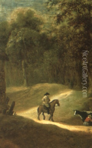 A Horseman On A Wooded Track Near A Milkmaid And A Cow Oil Painting - Aelbert Cuyp