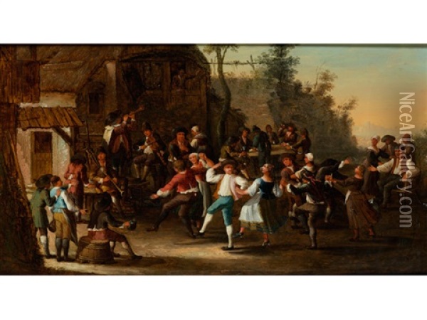 Festlicher Bauerntanz Vor Einem Wirtsgebaude Mit Strohdach Oil Painting - Cornelis Droochsloot