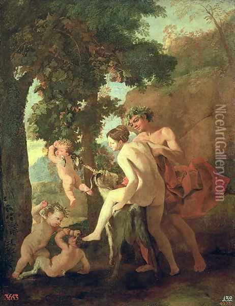Venus, Faun and Putti, early 1630s Oil Painting - Nicolas Poussin