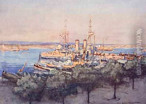 HMS Queen Trawlers and Drifters Taranto illustration from The Naval Front by Gordon S Maxwell 1920 Oil Painting - Donald Maxwell