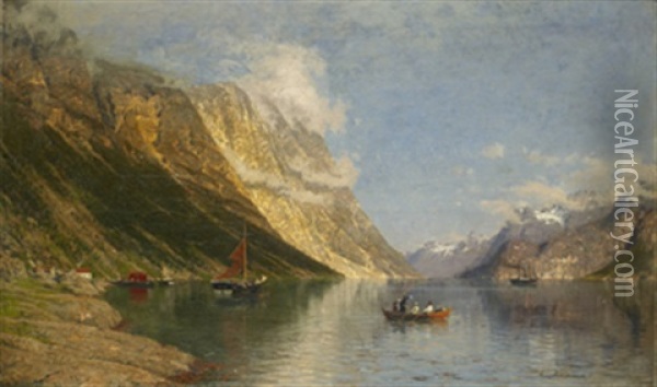 Nya Passagerare - Norskt Fjordlandskap Med Batar Och Figurer Oil Painting - Adelsteen Normann