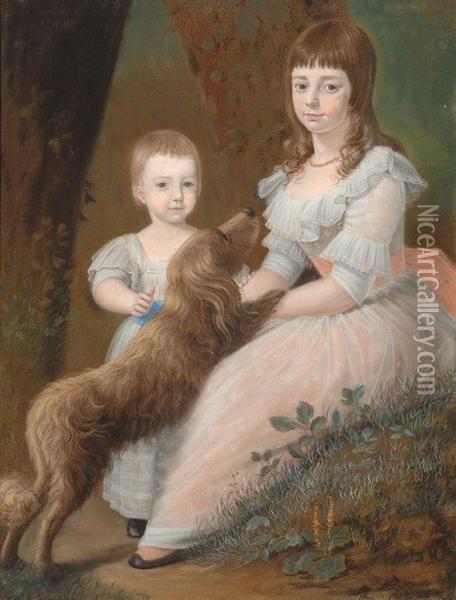 Portrait Of Two Girls And Their Dog Oil Painting - Jordanus Hoorn