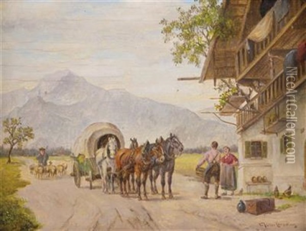 Hirte Mit Schafen Und Pferdefuhrwerk Vor Grosem Bauernhaus Oil Painting - Ludwig Mueller-Cornelius