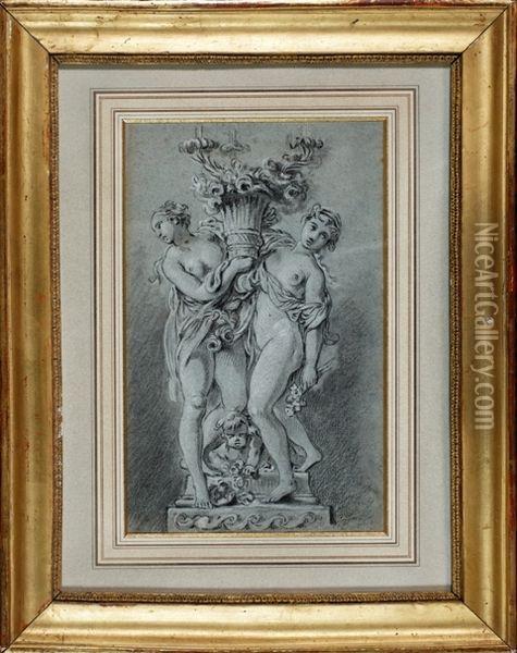 Deux Femmes Tenant Une Corbeille De Fleurs. Oil Painting - Francois Boucher