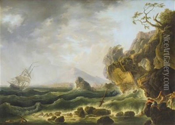 Sturmische Kustenlandschaft Mit Dreimaster Und Bergenden Oil Painting - Claude Joseph Vernet