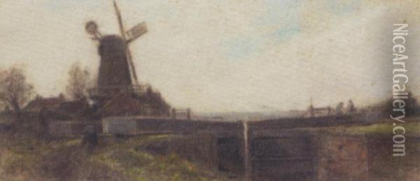 Old Mill Lock Oil Painting - Thomas William Hammond