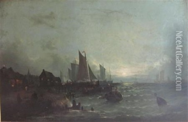 The Forge Banks Of A Dutch River - Moonlight Oil Painting - William Henry Williamson