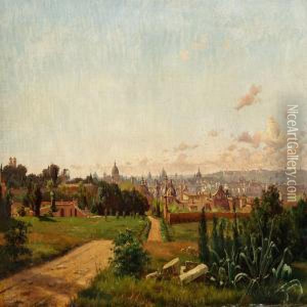 View Of Rome From Monte Pincio Oil Painting - Harald Jerichau
