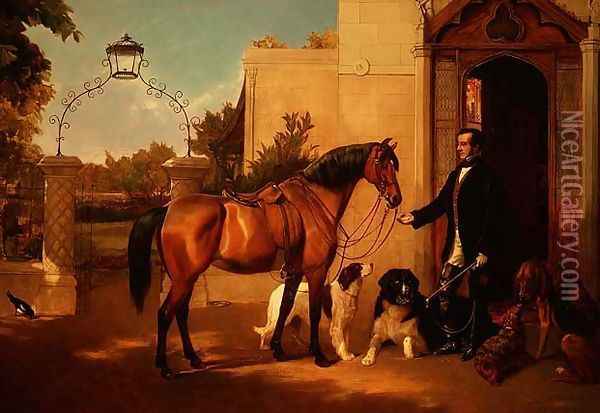 A Gentleman with his Hunter and Dogs outside his house Oil Painting - Friedrich Wilhelm Keyl