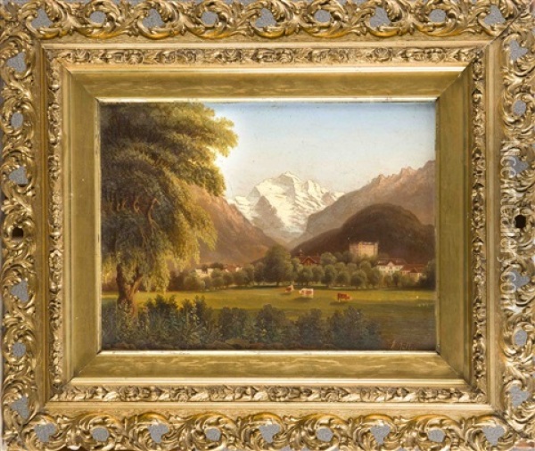 Schweizer Vedute Mit Der Ansicht Eines Dorfes Und Gebirgsmassiv Im Hintergrund Oil Painting - Rudolph Mueller