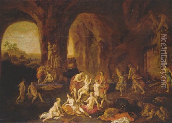 Diana And Her Nymphs Resting In A Cave, Among Classical  Statues Oil Painting - Adriaen van Nieulandt the Elder