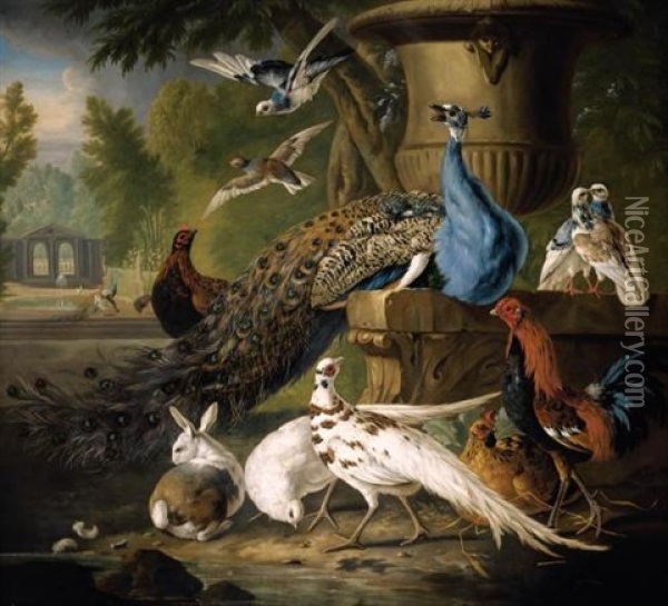 A Peacock, White Pheasants, A Cockerel, Chickens, Doves And A Rabbit Gathered Around A Stone Urn, A Parkland Setting Beyond Oil Painting - Pieter Casteels III