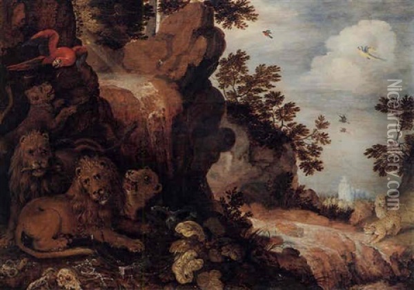 A Rocky Landscape With A Lion, Leopards And Birds Oil Painting - Roelandt Savery