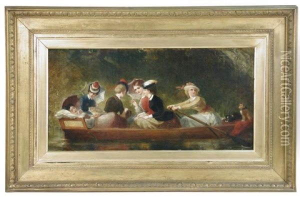 Victorian Ladies In A Rowing Boat With Two Pet Dogs Oil Painting - Marshall Claxton