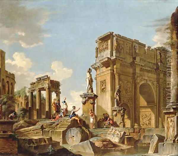 A capriccio of classical ruins with the Arch of Constantine and figures conversing Oil Painting - Giovanni Paolo Panini
