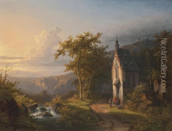 Landscape With A Chapel And A Stream Oil Painting - Bonifacius Cornelis Schneiders Van Greyffenswerth