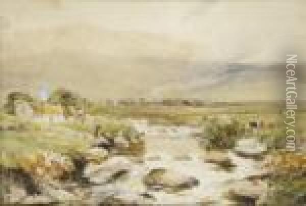 Extensive Mountain River Landscape With Figure By A Cottage Oil Painting - William Bingham McGuinness