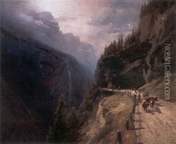 A Swiss Mountain Landscape With Figures And Cattle On A Path Oil Painting - Hermann Herzog