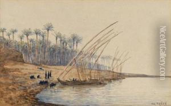 Figures With Dhows By A River Oil Painting - Charles Theodore Frere