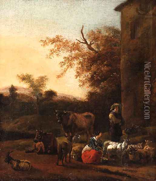 An Italianate Landscape with a Milkmaid and a Herdsman beside a Villa Oil Painting - Dirck Van Bergen