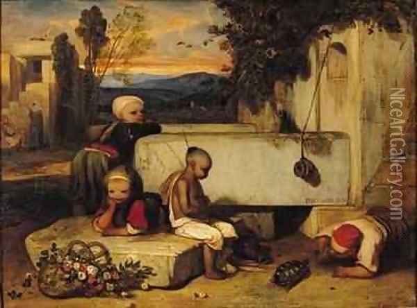 Turkish Children Playing with a Tortoise Oil Painting - Alexandre Gabriel Decamps