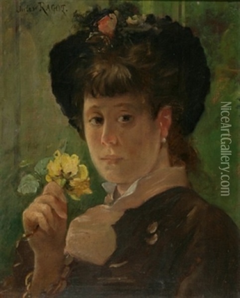 Jeune Femme Au Chapeau Fleuri Tenant Une Rose Oil Painting - Jules Felix Ragot