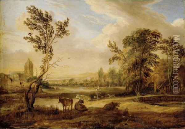 A Landscape With A Milkmaid And Cows, A Church Beyond Oil Painting - Aert van der Neer