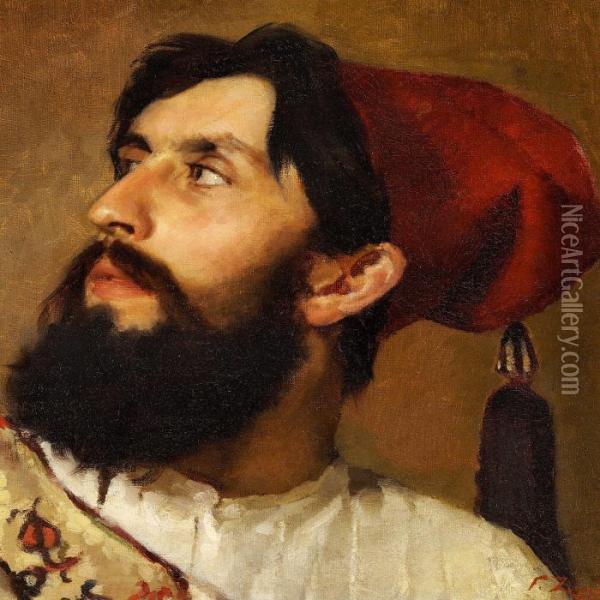 Turk With A Black Beard And A Red Fez Oil Painting - Fausto Zonaro