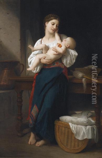 Premieres Caresses (premier Reduction) Oil Painting - William-Adolphe Bouguereau