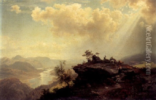 Bjerglandskab Med Kvaeg Og Geder Pa Et Klippefremspring Oil Painting - August Wilhelm Leu
