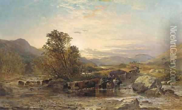 Highland cattle crossing the Echaeg, Argyllshire Oil Painting - Samuel Bough