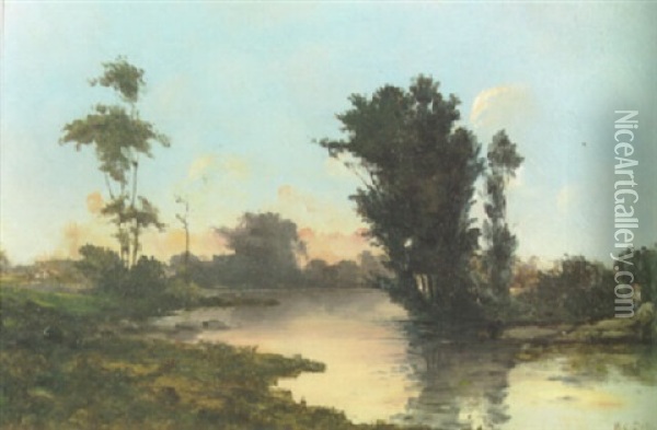 A River Landscape At Sunset With A Girl And Goats On The Far Bank Oil Painting - Hippolyte Camille Delpy