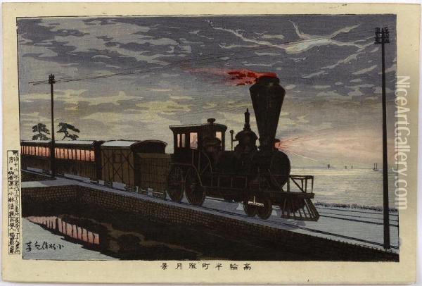 Running Steam Locomotive At Night In Takanawa Oil Painting - Kobayashi Kiyochika