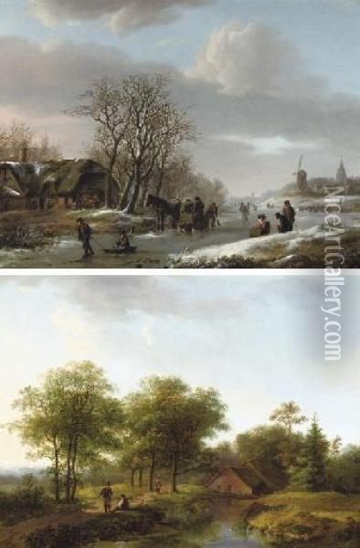 Activities On A Frozen Waterway In Winter; And Figures On A Winding Path In Summer Oil Painting - Barend Cornelis Koekkoek