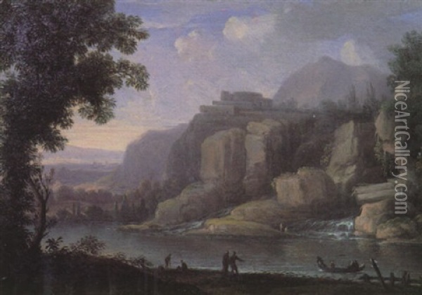 A Rocky River Landscape With Figures And A Fishing Boat By A Waterfall Oil Painting - Christoph Ludwig Agricola