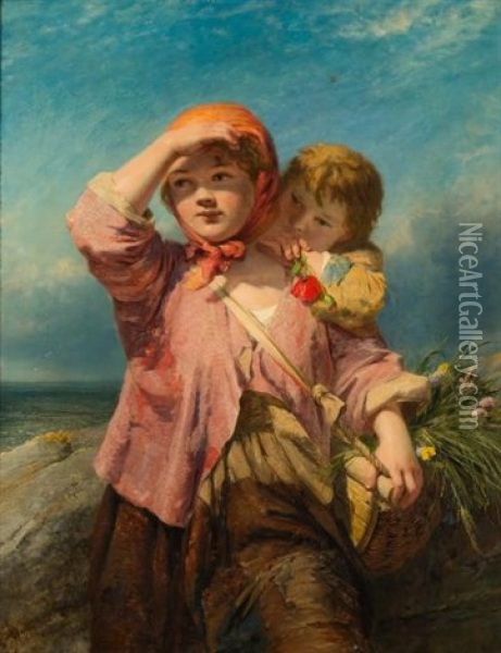 Fisher Girl And Her Young Brother Resting On The Coast, A Basket Of Wild Flowers Over Her Shoulder, View Across A Bay Beyond Oil Painting - James John Hill