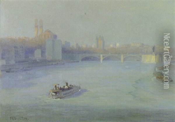 Barges On A Sunlit River Oil Painting - Frederic Marlett Bell-Smith