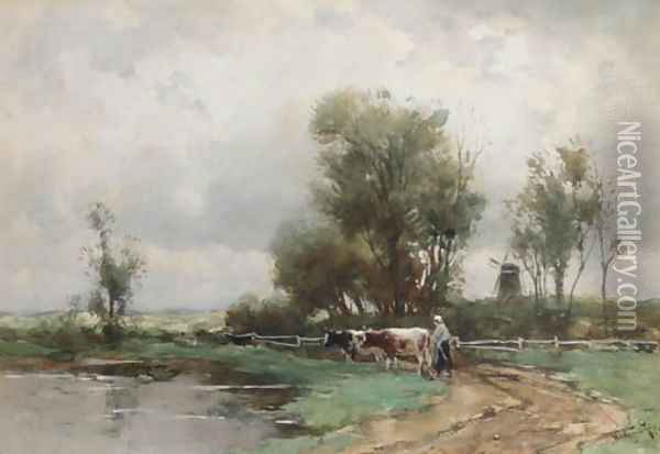 A cowherdess watering cows Oil Painting - Willem Cornelis Rip