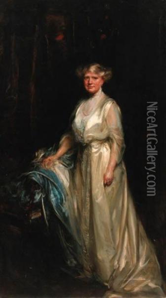 Portrait Of A Lady, Standing 
Full-length, In A Cream Dress, Restingher Right Hand On A Chair Oil Painting - James Jebusa Shannon