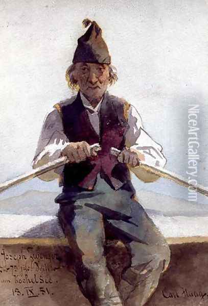 Joseph Zwenger in a Rowing Boat Bavarian Highlands Oil Painting - Carl Haag