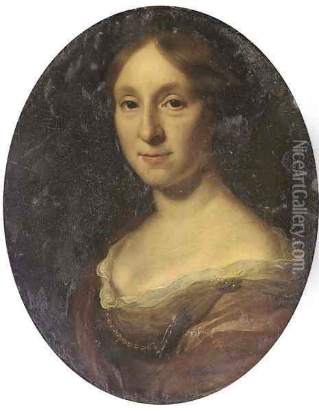 Portrait of a lady, bust-length, in a brown dress and pearl necklace Oil Painting - Michael Dahl