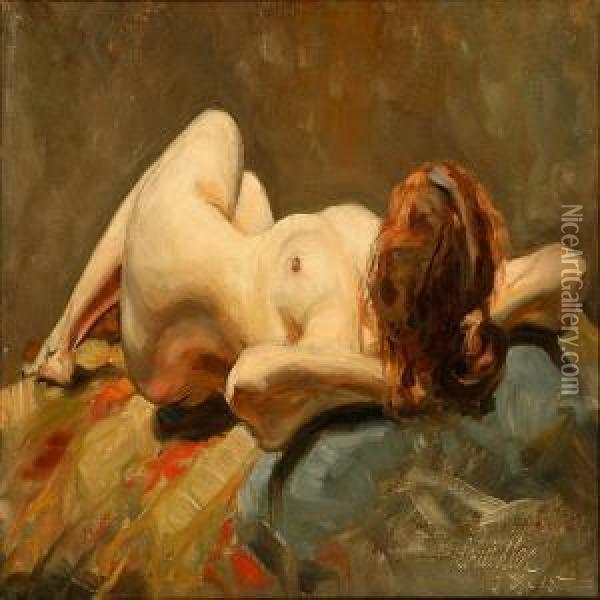 A Female Nude On A Bed Oil Painting - Louis Moe