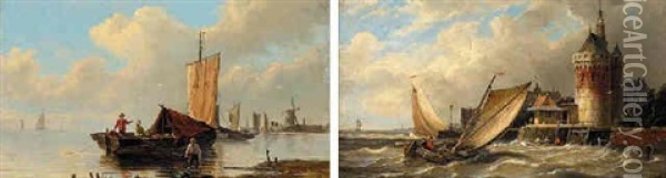 Boats Off A Dutch Port In A Stormy Sea Oil Painting - Pieter Cornelis Dommershuijzen