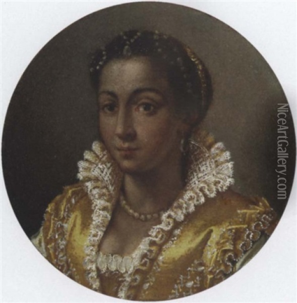 Portrait Of A Girl In A Yellow Silk Dress With A Lace Collar, A Pearl Necklace And String Of Pearls In Her Hair Oil Painting - Lavinia Fontana