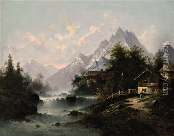 Gebirgsdorf Am Wildbach (im Stubaital ?) Oil Painting - Albert Rieger
