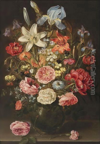 A Still Life Of Lilies, Roses, Iris, Pansies, Columbine, Love-In-A-Mist, Larkspur And Other Flowers In A Glass Vase Oil Painting - Clara Peeters