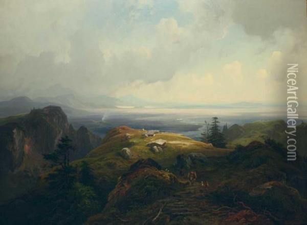 Gebirgslandschaft. Oil Painting - Schleich Eduard I & Bach Alois