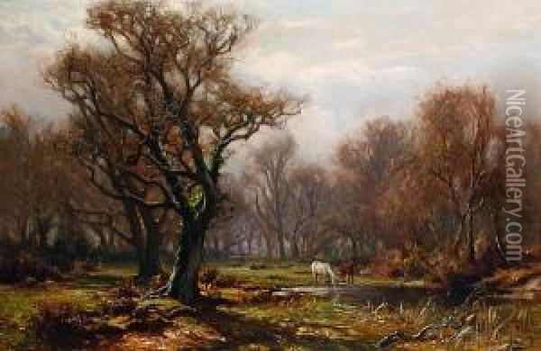 Horses Grazing By A Woodland Pool In The Newforrest Oil Painting - Frederik Golden Short