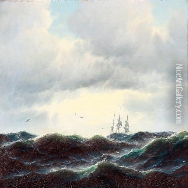 Seascape With A Sailing Ship In Rough Sea Oil Painting - Carl Ludwig Bille